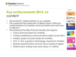 Key achievements 2015-16:
content
• We posted 91 original articles on our website
• We supported the publication of Becky Slack’s Effective
media relations for charities: what journalists want and how
to deliver it
• We produced five Best Practice Guides and reports:
o Crisis communications for charities
o Charity marketing & communications salary survey 2015
o Insiders’ guide to social media for charities
o Pick ’n’ mix: a guide to technology choices for charities
o Business transformation and the role of heads of digital
o Perfect pitch: linking voice and values, 2nd
edition
 