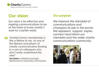 Our vision
Our vision is for effective and
inspiring communications to be
at the heart of every charity’s
work for a better world. 
Our purpose
We improve the standard of
communications and
champion its role in the sector.
We represent, support, inspire,
connect and inform our
members and the wider charity
communications community.
“
CharityComms membership is
like a lifeline to me, as one of
the flotsam and jetsam of
charity communicators floating
in a sea of colleagues who
don’t really understand the
role!”
Sue Owen, marketing manager,
Mathematics in Education and Industry
 