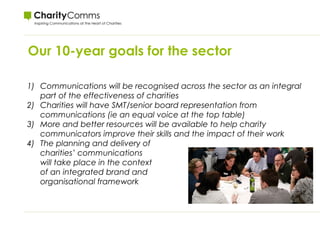 Our 10-year goals for the sector
1) Communications will be recognised across the sector as an integral
part of the effectiveness of charities
2) Charities will have SMT/senior board representation from
communications (ie an equal voice at the top table)
3) More and better resources will be available to help charity
communicators improve their skills and the impact of their work
4) The planning and delivery of
charities’ communications
will take place in the context
of an integrated brand and
organisational framework
 