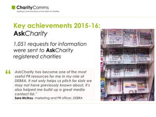 Key achievements 2015-16:
AskCharity
1,051 requests for information
were sent to AskCharity
registered charities
“ AskCharity has become one of the most
useful PR resources for me in my role at
DEBRA. It not only helps us pitch for slots we
may not have previously known about, it’s
also helped me build up a great media
contact list.”
Sara McIlroy, marketing and PR officer, DEBRA
 
