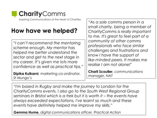 How have we helped?
“I can’t recommend the mentoring
scheme enough. My mentor has
helped me better understand the
sector and get to the next stage in
my career. It’s given me lots more
confidence as well as practical tips.”
Dipika Kulkarni, marketing co-ordinator,
St Mungo’s

“As a sole comms person in a
small charity, being a member of
CharityComms is really important
to me. It's great to feel part of a
community of other comms
professionals who face similar
challenges and frustrations and
know I have the support of
like-minded peers. It makes me
realise I am not alone!"
Charli Scouller, communications
manager, NAT

“I'm based in Rugby and make the journey to London for the
CharityComms events. I also go to the South West Regional Group
seminars in Bristol which is a trek but it is worth it – the events have
always exceeded expectations, I've learnt so much and these
events have definitely helped me improve my skills.”
Gemma Hume, digital communications officer, Practical Action

 