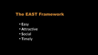 Identifying interventions
The EAST Framework
• Easy
• Attractive
• Social
• Timely
 