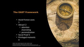 The EAST Framework
1 Halpern D, 2015, Inside the nudge unit, snd edn, WH Allen, London.
2 Halpern D, 2015, Inside the nudge unit, snd edn, WH Allen, London.
3 Cialdini RB, 1984, Influence: the psychology of persuasion, trd edn, Collins Business, USA.
4 Cialdini RB, 2016, Pre-suasion: a revolutionary way to influence and persuade, RH Books, London.
30
• Avoid friction costs
1
• Attract! 2
• attention
channeling
• personalisation
• Social Proof 3
• Privileged moments
4
 