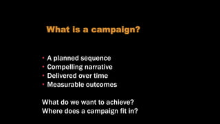 What are we trying to achieve?
• A planned sequence
• Compelling narrative
• Delivered over time
• Measurable outcomes
What do we want to achieve?
Where does a campaign fit in?
What is a campaign?
 