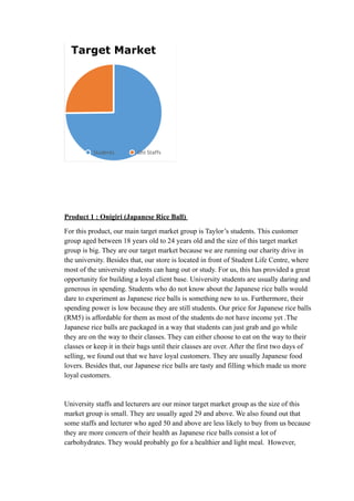 ! 
Target Market 
Students Uni Staffs 
Product 1 : Onigiri (Japanese Rice Ball) 
For this product, our main target market group is Taylor’s students. This customer 
group aged between 18 years old to 24 years old and the size of this target market 
group is big. They are our target market because we are running our charity drive in 
the university. Besides that, our store is located in front of Student Life Centre, where 
most of the university students can hang out or study. For us, this has provided a great 
opportunity for building a loyal client base. University students are usually daring and 
generous in spending. Students who do not know about the Japanese rice balls would 
dare to experiment as Japanese rice balls is something new to us. Furthermore, their 
spending power is low because they are still students. Our price for Japanese rice balls 
(RM5) is affordable for them as most of the students do not have income yet .The 
Japanese rice balls are packaged in a way that students can just grab and go while 
they are on the way to their classes. They can either choose to eat on the way to their 
classes or keep it in their bags until their classes are over. After the first two days of 
selling, we found out that we have loyal customers. They are usually Japanese food 
lovers. Besides that, our Japanese rice balls are tasty and filling which made us more 
loyal customers. 
University staffs and lecturers are our minor target market group as the size of this 
market group is small. They are usually aged 29 and above. We also found out that 
some staffs and lecturer who aged 50 and above are less likely to buy from us because 
they are more concern of their health as Japanese rice balls consist a lot of 
carbohydrates. They would probably go for a healthier and light meal. However, 
 