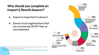 Why should you complete an
Impact & Results beacon?
● Impact is important to donors!
● Donors trust organizations that
can summarize WHAT they’ve
accomplished
*2022 Donor Trust Report by Give.org - summarizing ﬁve years of survey data (2017 - 2022)
with a sample of over 3000 donors per year
https://give.org/docs/default-source/donor-trust-library/donor_trust_report_2022_ﬁve_year_review.pdf
 