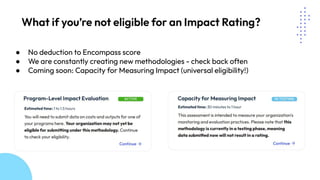 ● No deduction to Encompass score
● We are constantly creating new methodologies - check back often
● Coming soon: Capacity for Measuring Impact (universal eligibility!)
What if you’re not eligible for an Impact Rating?
 