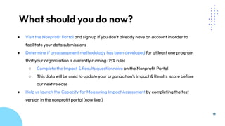 19
● Visit the Nonproﬁt Portal and sign up if you don’t already have an account in order to
facilitate your data submissions
● Determine if an assessment methodology has been developed for at least one program
that your organization is currently running (15% rule)
○ Complete the Impact & Results questionnaire on the Nonproﬁt Portal
○ This data will be used to update your organization’s Impact & Results score before
our next release
● Help us launch the Capacity for Measuring Impact Assessment by completing the test
version in the nonproﬁt portal (now live!)
What should you do now?
 