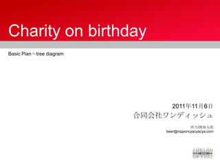 Charity on birthday
Basic Plan～tree diagram




                                2011年11月6日
                          合同会社ワンディッシュ
                                          担当/開発太郎
                              beer@nipponcyacyacya.com
 
