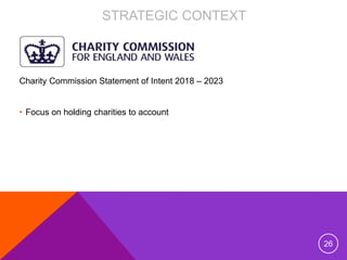 STRATEGIC CONTEXT
Charity Commission Statement of Intent 2018 – 2023
• Focus on holding charities to account
26
 