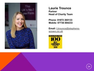 Laurie Trounce
Partner
Head of Charity Team
Phone: 01872 265133
Mobile: 07736 884233
Email: l.trounce@stephens-
scown.co.u...