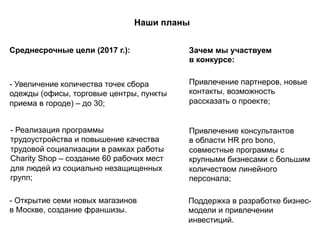 Наши планы
- Увеличение количества точек сбора
одежды (офисы, торговые центры, пункты
приема в городе) – до 30;
Привлечение партнеров, новые
контакты, возможность
рассказать о проекте;
Среднесрочные цели (2017 г.): Зачем мы участвуем
в конкурсе:
- Реализация программы
трудоустройства и повышение качества
трудовой социализации в рамках работы
Charity Shop – создание 60 рабочих мест
для людей из социально незащищенных
групп;
Привлечение консультантов
в области HR pro bono,
совместные программы с
крупными бизнесами с большим
количеством линейного
персонала;
- Открытие семи новых магазинов
в Москве, создание франшизы.
Поддержка в разработке бизнес-
модели и привлечении
инвестиций.
 
