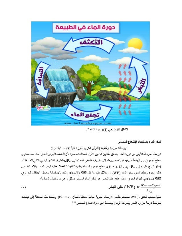 ( ‫التوضيحي‬ ‫الشكل‬
4
:)
‫الماء‬ ‫دورة‬
[
9
]
.
‫الشمسي‬ ‫اإلشعاع‬ ‫باستخدام‬ ‫الماء‬ ‫تبخر‬
]‫ا‬ً‫ج‬‫ا‬َّ‫ه‬َ‫و‬ ‫ا‬ً‫ج‬‫ا‬َ‫ر‬ِّ‫س‬ ‫َا‬‫ن‬ْ‫ل‬َ‫ع‬َ‫ج‬َ‫[و‬
‫(القرآن‬
( ‫النبأ‬ ‫سورة‬ :‫الكريم‬
78
:‫اآلية‬ ،)
13
)
‫مستوى‬ ‫عند‬ ‫الماء‬ ‫لبخار‬ ‫الجزئي‬ ‫الضغط‬ ‫ألن‬ ‫ا‬ ً‫نظر‬ ،‫للصدقات‬ ‫األول‬ ‫اإللهي‬ ‫القانون‬ ‫يتحقق‬ ،‫الماء‬ ‫دورة‬ ‫من‬ ‫األولى‬ ‫المرحلة‬ ‫هذه‬ ‫في‬
( ‫البحر‬ ‫سطح‬
w, sea
P
‫السماء‬ ‫في‬ ‫له‬ ‫قيمة‬ ‫أدنى‬ ‫إلى‬ ‫ببطء‬ ‫وينخفض‬ ‫قيمة‬ ‫أعلى‬ ‫له‬ )
)
w, sky
P
(
.
‫القانون‬ ‫ولتطبيق‬
،‫للصدقات‬ ‫الثاني‬ ‫اإللهي‬
( ‫الثراء‬ ‫تدرج‬ ‫ُعتبر‬‫ي‬
w, sea
P
-
w, sky
P
‫على‬ ‫باإلضافة‬ .‫الماء‬ ‫تبخر‬ ‫لعملية‬ "‫الدافعة‬ ‫"القوة‬ ‫بمثابة‬ ‫والسماء‬ ‫البحر‬ ‫سطح‬ ‫مستوى‬ ‫بين‬ )
( ‫الماء‬ ‫تبخر‬ ‫تدفق‬ ‫تنظيم‬ ‫ُجرى‬‫ي‬ ،‫ذلك‬
WE
( ‫الكتلة‬ ‫نقل‬ ‫مقاومة‬ ‫خالل‬ ‫من‬ )
1
/
air
k
‫الحر‬ ‫اًلنتقال‬ ‫بمعامل‬ ‫باًلستعانة‬ ‫وذلك‬ ،)
‫اري‬
( ‫للكتلة‬
air
k
‫الهواء‬ ‫في‬ )
َ‫ء‬‫وبنا‬ .‫الجوي‬
‫المتب‬ ‫الماء‬ ‫تدفق‬ ‫عن‬ ‫التعبير‬ ‫يتم‬ ،‫عليه‬
:‫المعادلة‬ ‫خالل‬ ‫من‬ ‫نوعي‬ ٍ‫ل‬‫بشك‬ ‫خر‬
‫التبخر‬ ‫تدفق‬ ( 𝑊𝐸) ∝
(𝑃𝑤.𝑠𝑘𝑦−𝑃𝑤,𝑠𝑒𝑎)
(
1
𝑘𝑎𝑖𝑟
)
(
7
)
( ‫التدفق‬ ‫حساب‬ ‫بغية‬
WE)
:‫(بنمان‬ ‫معادلة‬ ‫المائية‬ ‫الجوية‬ ‫األرصاد‬ ‫علماء‬ ‫يستخدم‬ ،
Penman
‫قياسات‬ ‫إلى‬ ‫المعادلة‬ ‫هذه‬ ‫وتستند‬ .)
‫الشمسي‬ ‫واإلشعاع‬ ‫الهواء‬ ‫وضغط‬ ‫الرياح‬ ‫وسرعة‬ ‫البحر‬ ‫حرارة‬ ‫درجة‬ ‫متوسط‬
[
10
]
.
 