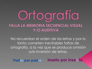 No recuerdan el orden de las letras y por lo tanto cometen inevitables faltas de ortografía, a la vez que se produce omisión o/e inversión de letras. Pad er  por pad re Inseto por inse c to 
