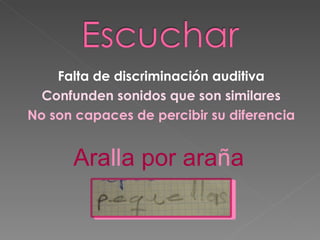 Falta de discriminación auditiva Confunden sonidos que son similares No son capaces de percibir su diferencia Ara ll a por ara ñ a 