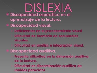 Discapacidad específica en el aprendizaje de la lectura. Discapacidad visual.  Deficiencias en el procesamiento visual Dificultad de memoria de secuencias visuales. Dificultad en análisis e integración visual. Discapacidad auditiva. Presenta dificultad en la dimensión auditiva de la lectura. Dificultad en discriminación auditiva de sonidos parecidos 