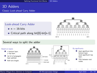Splitting Functional Unit Blocks   3D Adders


  3D Adders
  Classic Look-ahead Carry Adder




      Look-ahead Carry Adder
              n = 16-bits
              Critical path along bit[0]-bit[n-1]


   Several ways to split the adder

 Based on inputs                                                               By signiﬁcance
         x bottom layer;                                                              least signiﬁcant bits
         y top layer.                                                                 bottom layer;
                                                                                      most signiﬁcant top
         1st lvl of propagate                                                         layer.
         layer splitted.
                                                                                      TSV between root
         Half wire length.                                                            nodes.




Alberto Villegas Erce (Seminar on Computer Systems Turku University ) Design
                                                   3D Microprocessor                   April 2010      24 / 29
 