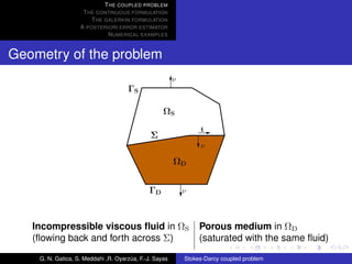 T HE COUPLED PROBLEM
                    T HE CONTINUOUS FORMULATION
                       T HE GALERKIN FORMULATION
                   A POSTERIORI ERROR ESTIMATOR
                             N UMERICAL EXAMPLES


Geometry of the problem
                                                        ν
                                     ΓS

                                                   ΩS
                                                                 t
                                              Σ
                                                                 ν

                                                        ΩD


                                             ΓD             ν



   Incompressible viscous ﬂuid in ΩS                             Porous medium in ΩD
   (ﬂowing back and forth across Σ)                              (saturated with the same ﬂuid)

    G. N. Gatica, S. Meddahi ,R. Oyarzua, F.-J. Sayas
                                      ´                     Stokes-Darcy coupled problem
 