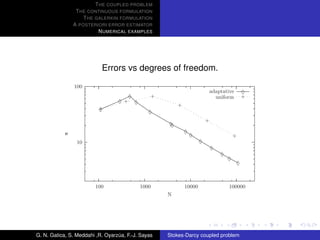 T HE COUPLED PROBLEM
                 T HE CONTINUOUS FORMULATION
                    T HE GALERKIN FORMULATION
                A POSTERIORI ERROR ESTIMATOR
                          N UMERICAL EXAMPLES




                           Errors vs degrees of freedom.
                100
                                                                            adaptative       ♦
                                     ♦          +                             uniform        +
                                  ♦ + ♦
                                                        +
                          +
                          ♦                    ♦
                                                                        +
                                                    ♦
                                                    ♦
            e                                               ♦
                                                                ♦                       +
                 10                                                 ♦
                                                                            ♦
                                                                                ♦
                                                                                    ♦
                                                                                         ♦



                        100                1000             10000                   100000
                                                    N




G. N. Gatica, S. Meddahi ,R. Oyarzua, F.-J. Sayas
                                  ´                 Stokes-Darcy coupled problem
 