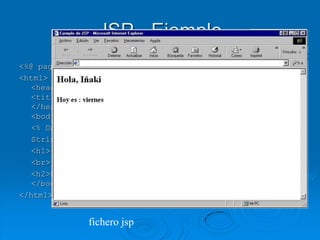 JSP - Ejemplo
                                                     servlet
<%@ page import=“ java.util.*” %>
<html>
   <head>
   <title>Ejemplo de JSP</title>
   </head>
   <body>
   <% Date date = new Date();                      compilación
   String hoy = DateFormat.getDateInstance().format(d);%>
   <h1> Hola, <%request.getParameter(“nombre”)%></h2>
   <br>
   <h2>Hoy es : <%= hoy %> </h2>
   </body>
</html>


               fichero jsp
 