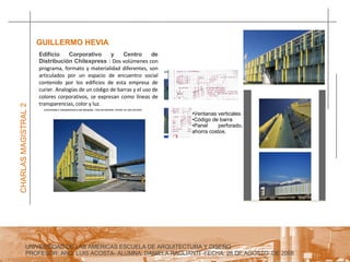 UNIVERSIDAD DE LAS AMERICAS ESCUELA DE ARQUITECTURA Y DISEÑO PROFESOR: ARQ. LUIS ACOSTA- ALUMNA: DANIELA RAGLIANTI -FECHA: 28 DE AGOSTO  DE 2008 CHARLAS MAGISTRAL 2 GUILLERMO HEVIA  Edificio Corporativo y Centro de Distribución Chilexpress :   Dos volúmenes con programa, formato y materialidad diferentes, son articulados por un espacio de encuentro social contenido por los edificios de esta empresa de curier. Analogías de un código de barras y el uso de colores corporativos, se expresan como líneas de transparencias, color y luz.  Ventanas verticales Código de barra Panel perforado, ahorra costos. 