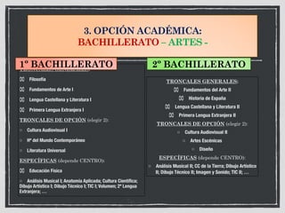 3. OPCIÓN ACADÉMICA:
BACHILLERATO – ARTES -
TRONCALES GENERALES:
⌧ Filosofía
⌧ Fundamentos de Arte I
⌧ Lengua Castellana y Literatura I
⌧ Primera Lengua Extranjera I
TRONCALES DE OPCIÓN (elegir 2):
□ Cultura Audiovisual I
□ Hª del Mundo Contemporáneo
□ Literatura Universal
ESPECÍFICAS (depende CENTRO):
⌧ Educación Física
□ Análisis Musical I; Anatomía Aplicada; Cultura Científica;
Dibujo Artístico I; Dibujo Técnico I; TIC I; Volumen; 2ª Lengua
Extranjera; …
TRONCALES GENERALES:
⌧ Fundamentos del Arte II
⌧ Historia de España
⌧ Lengua Castellana y Literatura II
⌧ Primera Lengua Extranjera II
TRONCALES DE OPCIÓN (elegir 2):
□ Cultura Audiovisual II
□ Artes Escénicas
□ Diseño
ESPECÍFICAS (depende CENTRO):
□ Análisis Musical II; CC de la Tierra; Dibujo Artístico
II; Dibujo Técnico II; Imagen y Sonido; TIC II; …
1º BACHILLERATO 2º BACHILLERATO
 
