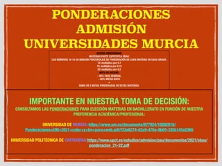 PONDERACIONES
ADMISIÓN
UNIVERSIDADES MURCIA
ACCESO UNIVERSIDAD:
MATERIAS PARTE ESPECÍFICA EBAU:
LOS NÚMEROS 10-15-20 INDICAN PORCENTAJES DE PONDERACIÓN DE CADA MATERIA EN CADA GRADO.
10: multiplica por 0,1
15: multiplica por 0,15
20: multiplica por 0,2
NOTA DE ACCESO:
- 40% FASE GENERAL
- 60% MEDIA BACH
+
SUMA DE 2 NOTAS PONDERADAS DE ESTAS MATERIAS.
IMPORTANTE EN NUESTRA TOMA DE DECISIÓN:
CONSULTAMOS LAS PONDERACIONES PARA ELECCIÓN MATERIAS EN BACHILLERATO EN FUNCIÓN DE NUESTRA
PREFERENCIA ACADÉMICA/PROFESIONAL:
UNIVERSIDAD DE MURCIA: https://www.um.es/documents/877924/19282016/
Ponderaciones+UM+2021+color+y+bn+para+web.pdf/f33e6274-d2a9-476a-8b65-335b145a5369
UNIVERSIDAD POLITÉCNICA DE CARTAGENA: https://www.upct.es/estudios/admision/pau/documentos/2021/ebau/
ponderacion_21-22.pdf
 