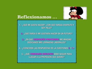 1.- ¿QUÉ ME GUSTA HACER? ¿CON QUÉ TAREAS DISFRUTO Y
SOY FELIZ?
2.- ¿QUÉ TAREA/S ME GUSTARÍA HACER EN UN FUTURO?
3.- ¿EN QUÉ OCUPACIÓN PROFESIONAL ME IMAGINO
DEDICANDO MIS JORNADAS LABORALES?
4.- ¿COINCIDEN LAS RESPUESTAS DE LA CUESTIONES 2 Y 3?
5.- ¿QUÉ ITINERARIO EDUCATIVO DEBO SEGUIR PARA
LLEGAR A LA PROFESIÓN QUE QUIERO?
Reflexionamos …
 