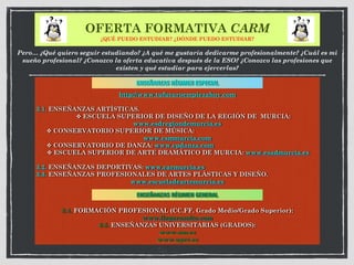 OFERTA FORMATIVA CARM
¿QUÉ PUEDO ESTUDIAR? ¿DÓNDE PUEDO ESTUDIAR?
http://www.tufuturoempiezahoy.com
3.1. ENSEÑANZAS ARTÍSTICAS.
❖ ESCUELA SUPERIOR DE DISEÑO DE LA REGIÓN DE MURCIA:
www.esdregiondemurcia.es
❖ CONSERVATORIO SUPERIOR DE MÚSICA:
www.csmmurcia.com
❖ CONSERVATORIO DE DANZA: www.cpdanza.com
❖ ESCUELA SUPERIOR DE ARTE DRAMÁTICO DE MURCIA: www.esadmurcia.es
3.2. ENSEÑANZAS DEPORTIVAS: www.carmurcia.es
3.3. ENSEÑANZAS PROFESIONALES DE ARTES PLÁSTICAS Y DISEÑO.
www.escueladeartemurcia.es
3.4. FORMACIÓN PROFESIONAL (CC.FF. Grado Medio/Grado Superior):
www.llegarasalto.com
3.5. ENSEÑANZAS UNIVERSITARIAS (GRADOS):
www.um.es
www.upct.es
Pero… ¿Qué quiero seguir estudiando? ¿A qué me gustaría dedicarme profesionalmente? ¿Cuál es mi
sueño profesional? ¿Conozco la oferta educativa después de la ESO? ¿Conozco las profesiones que
existen y qué estudiar para ejercerlas?
ENSEÑANZAS RÉGIMEN ESPECIAL
ENSEÑANZAS RÉGIMEN GENERAL
 