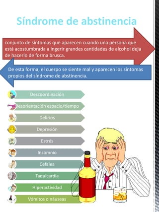 Vómitos o náuseas
Hiperactividad
Taquicardia
Cefalea
Insomnio
Estrés
Depresión
Delirios
Desorientación espacio/tiempo
Descoordinación
Síndrome de abstinencia
conjunto de síntomas que aparecen cuando una persona que
está acostumbrada a ingerir grandes cantidades de alcohol deja
de hacerlo de forma brusca.
De esta forma, el cuerpo se siente mal y aparecen los síntomas
propios del síndrome de abstinencia.
 