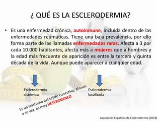 ¿ QUÉ ES LA ESCLERODERMIA?
• Es una enfermedad crónica, autoinmune, incluida dentro de las
enfermedades reumáticas. Tiene una baja prevalencia, por ello
forma parte de las llamadas enfermedades raras. Afecta a 3 por
cada 10.000 habitantes, afecta más a mujeres que a hombres y
la edad más frecuente de aparición es entre la tercera y quinta
década de la vida. Aunque puede aparecer a cualquier edad.
Asociación Española de Esclerodermia (2018)
Esclerodermia
localizada
Esclerodermia
sistémica
 