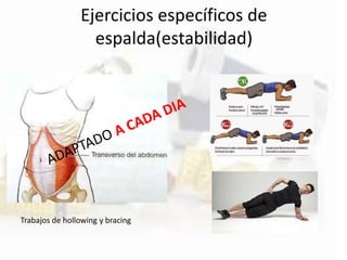 Ejercicios específicos de
espalda(estabilidad)
Trabajos de hollowing y bracing
 