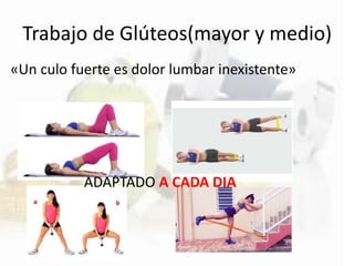 Trabajo de Glúteos(mayor y medio)
«Un culo fuerte es dolor lumbar inexistente»
ADAPTADO A CADA DIA
 