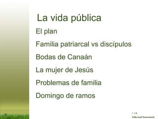 :( :| :)
Libertad Emocional
La vida pública
El plan
Familia patriarcal vs discípulos
Bodas de Canaán
La mujer de Jesús
Pro...