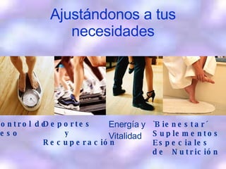 Ajustándonos a tus necesidades Deportes y  Recuperación Control de  Peso `Bienestar´ Suplementos  Especiales de  Nutrición Energía y  Vitalidad 