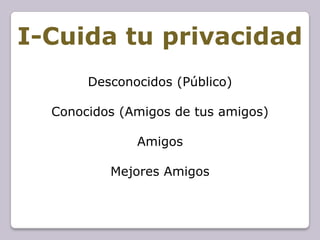 I-Cuida tu privacidad
       Desconocidos (Público)

  Conocidos (Amigos de tus amigos)

              Amigos

          Mejores Amigos
 