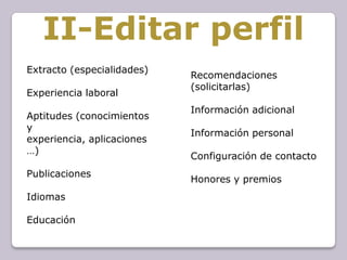 II-Editar perfil
Extracto (especialidades)
                            Recomendaciones
                            (solicitarlas)
Experiencia laboral
                            Información adicional
Aptitudes (conocimientos
y
                            Información personal
experiencia, aplicaciones
…)
                            Configuración de contacto
Publicaciones
                            Honores y premios
Idiomas

Educación
 