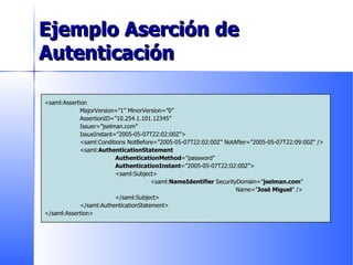 Ejemplo Aserción de Autenticación <saml:Assertion MajorVersion=”1” MinorVersion=”0” AssertionID=”10.254.1.101.12345” Issuer=”jselman.com” IssueInstant=”2005-05-07T22:02:00Z”> <saml:Conditions NotBefore=”2005-05-07T22:02:00Z” NotAfter=”2005-05-07T22:09:00Z” /> <saml: AuthenticationStatement AuthenticationMethod =”password” AuthenticationInstant =”2005-05-07T22:02:00Z”> <saml:Subject> <saml: NameIdentifier  SecurityDomain=” jselman.com ”    Name=” José Miguel ” /> </saml:Subject> </saml:AuthenticationStatement> </saml:Assertion> 