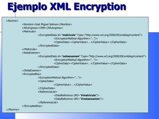 Ejemplo XML Encryption <Alumno> <Nombre>José Miguel Selman</Nombre> <AñoIngreso>1999</AñoIngreso> <Matricula> <EncryptedData id=” matricula ” Type=”http://www.w3.org/2000/09/xmldsig#content”> <EncryptionMethod Algorithm=”…”/> <CipherData><CipherValue>…</CipherValue></CipherData> </EncryptedData> </Matricula> <NotaExamen> <EncryptedData id=” notaexamen ” Type=”http://www.w3.org/2000/09/xmldsig#content”> <EncryptionMethod Algorithm=”…”/> <CipherData><CipherValue>…</CipherValue></CipherData> </EncryptedData> </NotaExamen> <EncryptedKey> <EncryptionMethod Algorithm=”…”/> <CipherData> <CipherValue>…</CipherValue> </CipherData> <ReferenceList> <DataReference URI=” #matricula ”/> <DataReference URI=” #notaexamen ”/> </ReferenceList> </EncryptedKey> </Alumno> 
