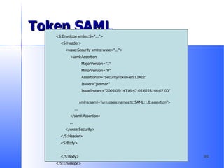 Token SAML <S:Envelope xmlns:S="..."> <S:Header> <wsse:Security xmlns:wsse="..."> <saml:Assertion  MajorVersion="1"  MinorVersion="0"  AssertionID="SecurityToken-ef912422"  Issuer="jselman"  IssueInstant="2005-05-14T16:47:05.6228146-07:00"  xmlns:saml="urn:oasis:names:tc:SAML:1.0:assertion"> ... </saml:Assertion> ... </wsse:Security> </S:Header> <S:Body> ... </S:Body> </S:Envelope> 
