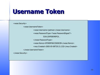 Username Token <wsse:Security> <wsse:UsernameToken> <wsse:Username>jselman</wsse:Username> <wsse:PasswordType=”wsse:PasswordDigest”> D2A12DFE8D90FC6… </wsse:PasswordType> <wsse:Nonce>EFD89F06CCB28C89</wsse:Nonce> <wsu:Created>2005-05-08T20:21:23Z</wsu:Created> </wsse:UsernameToken> </wsse:Security> 