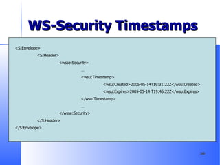 WS-Security Timestamps <S:Envelope> <S:Header> <wsse:Security> … <wsu:Timestamp> <wsu:Created>2005-05-14T19:31:22Z</wsu:Created> <wsu:Expires>2005-05-14 T19:46:22Z</wsu:Expires> </wsu:Timestamp> … </wsse:Security> </S:Header> </S:Envelope> 