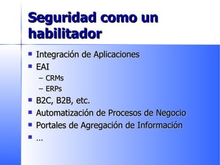 Seguridad como un habilitador Integración de Aplicaciones EAI CRMs ERPs B2C, B2B, etc. Automatización de Procesos de Negocio Portales de Agregación de Información … 