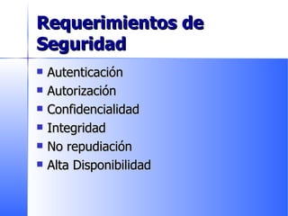 Requerimientos de Seguridad Autenticación Autorización Confidencialidad Integridad No repudiación Alta Disponibilidad 