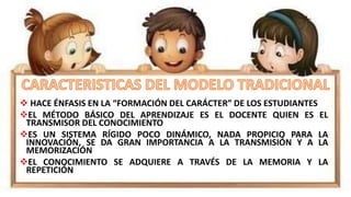  HACE ÉNFASIS EN LA “FORMACIÓN DEL CARÁCTER” DE LOS ESTUDIANTES
EL MÉTODO BÁSICO DEL APRENDIZAJE ES EL DOCENTE QUIEN ES EL
TRANSMISOR DEL CONOCIMIENTO
ES UN SISTEMA RÍGIDO POCO DINÁMICO, NADA PROPICIO PARA LA
INNOVACIÓN, SE DA GRAN IMPORTANCIA A LA TRANSMISIÓN Y A LA
MEMORIZACIÓN
EL CONOCIMIENTO SE ADQUIERE A TRAVÉS DE LA MEMORIA Y LA
REPETICIÓN
 