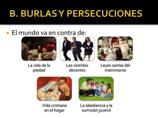    El mundo va en contra de:



         La vida de la        Los vestidos      Leyes santas del
            piedad             decentes           matrimonio




                 Vida cristiana      La obediencia y la
                  en el hogar         sumisión juvenil
 