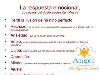 La respuesta emocional,
Los pasos del duelo según Ken Moses

Perdí la ilusión de mi niño perfecto

Rechazo: es un error, no es permanente, esto no nos va a afectar, esto no
me está pasando.

Ansiedad, qué voy a hacer, cómo lo solvento?

Enojo; estos médicos no saben nada, la culpa es del gobierno, Dios me
abandonó.

Culpa; qué hice para que me pase o le heredé la condición

Depresión

Miedo; que voy a hacer después, tendré otros hijos así.

Ajuste
 
