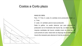 Costos a Corto plazo
MANO DE OBRA
Para : P; Tmst, C; coste, Q; cantidad, de la producción inicial , y,
p´; Tmst,
C´ coste , Q´ cantidad, para la nueva producción.
Dada la gráfica, se puede observar que para alcanzar la
producción con el incremento del insumo fijo, se deben emplear
mayores cantidades del insumo variable (mano de obra) por lo
cual aumenta el coste, hasta tanto se disponga de la totalidad del
insumo fijo necesario para alcanzar el nivel de producción.
 