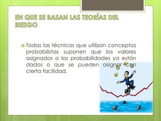  Todas las técnicas que utilizan conceptos 
probabilistas suponen que los valores 
asignados a las probabilidades ya están 
dados o que se pueden asignar con 
cierta facilidad. 
 