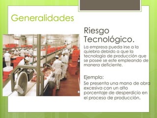 Generalidades 
Riesgo 
Tecnológico. 
La empresa pueda irse a la 
quiebra debido a que la 
tecnología de producción que 
se posee se este empleando de 
manera deficiente. 
Ejemplo: 
Se presenta una mano de obra 
excesiva con un alto 
porcentaje de desperdicio en 
el proceso de producción. 
 